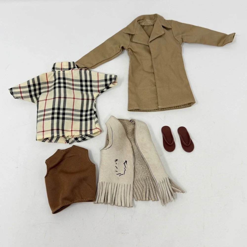 Barbie Size Doll Clothes Lot 5pc Beige Trench Coat Plaid Shirt Vest Shoes Y2K